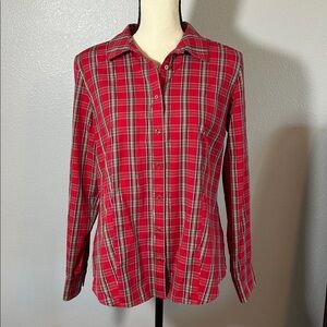 EUC Talbots No Iron Plaid Button-Up Shirt with Gold Buttons and Metallic Detail